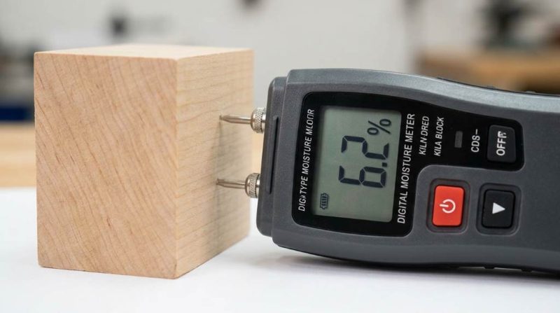 Contractor using pin-type wood moisture meter on hardwood flooring subfloor