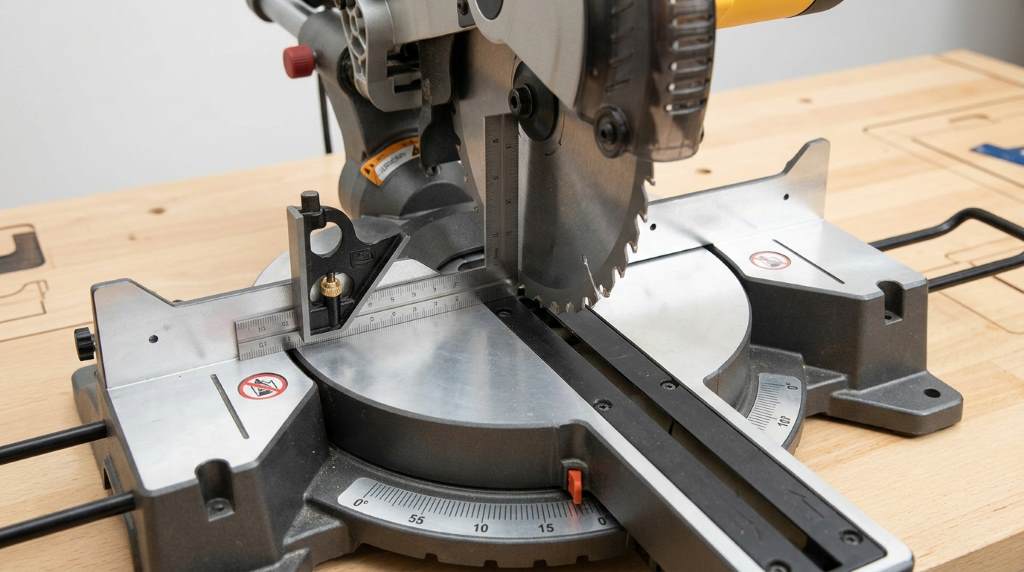 Digital angle gauge placed on miter saw table to verify zero-degree miter angle setting