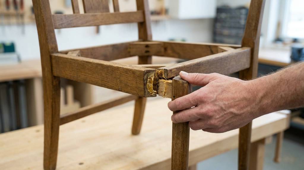 Toothpicks and cotton string being used to fill a loose chair tenon gap