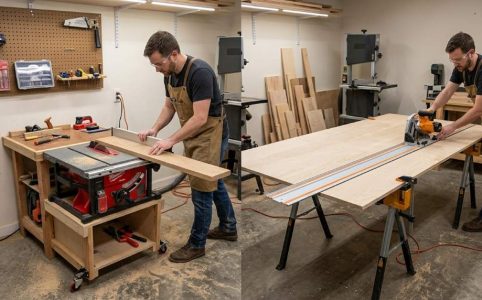 Track saw cutting plywood sheet on foam insulation boards in small garage workshop