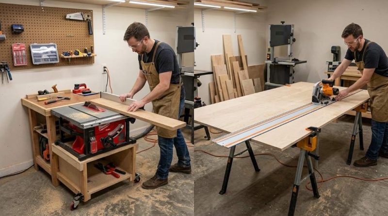 Track saw cutting plywood sheet on foam insulation boards in small garage workshop