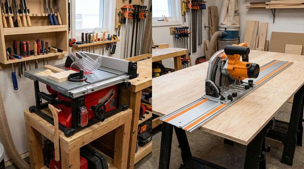 Track saw guide rail clamped to workpiece showing precise zero-tearout cut