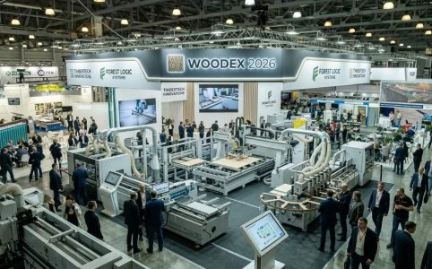 Woodex 2026 trade show floor at Crocus Expo Moscow with woodworking machinery exhibits