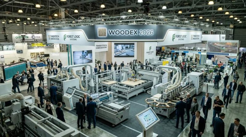 Woodex 2026 trade show floor at Crocus Expo Moscow with woodworking machinery exhibits