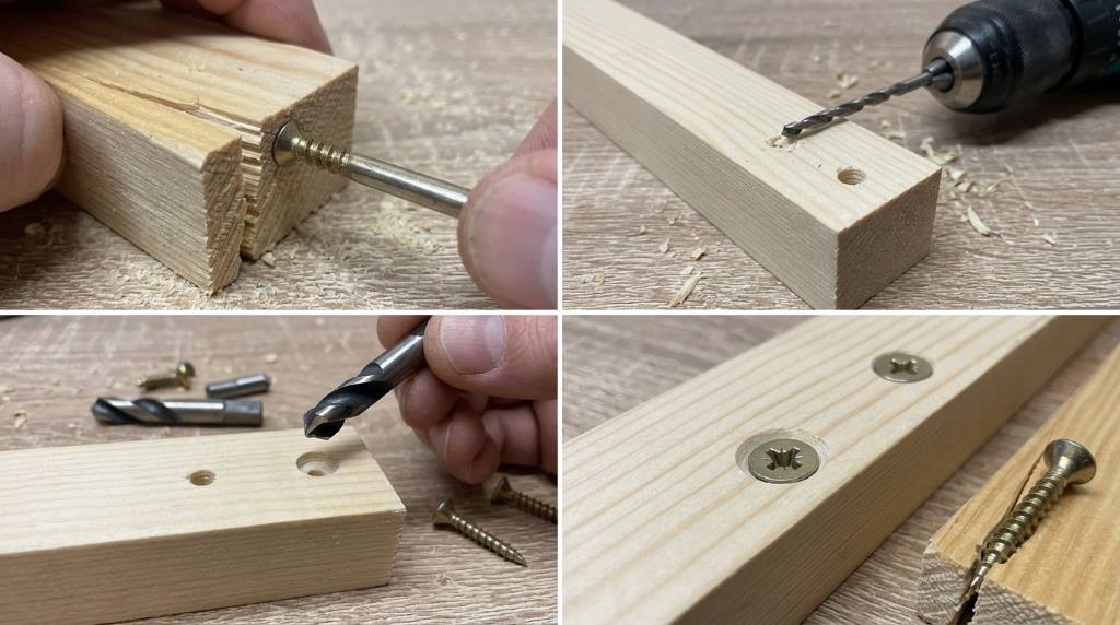Woodworker applying beeswax lubricant to screw before driving into oak board