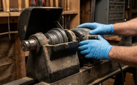Woodworker removing old V-belt from wood lathe pulley during maintenance