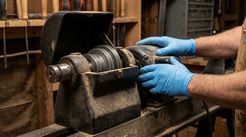Woodworker removing old V-belt from wood lathe pulley during maintenance