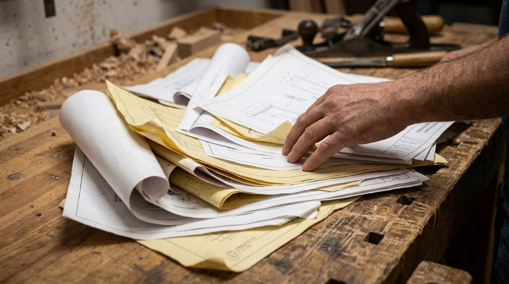 Woodworker reviewing a laminated plan at a clean workbench