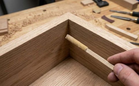 Woodworker using a detail sander to sand inside tight corners on a wood cabinet