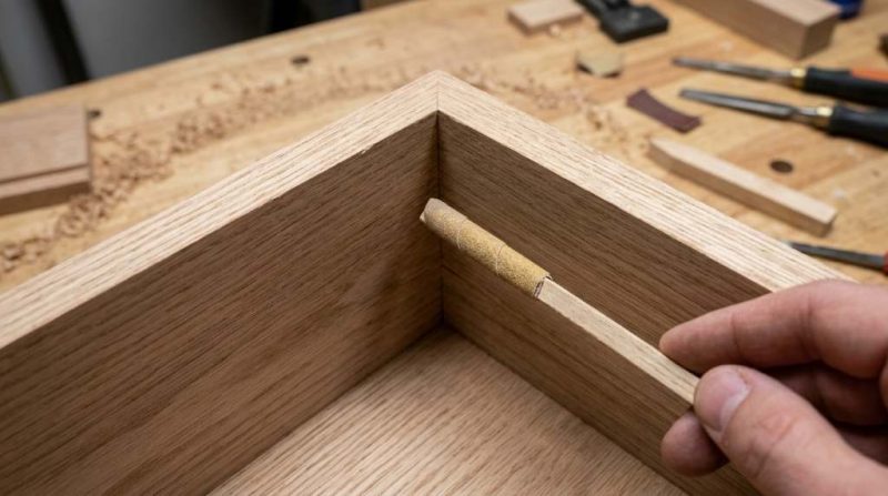 Woodworker using a detail sander to sand inside tight corners on a wood cabinet