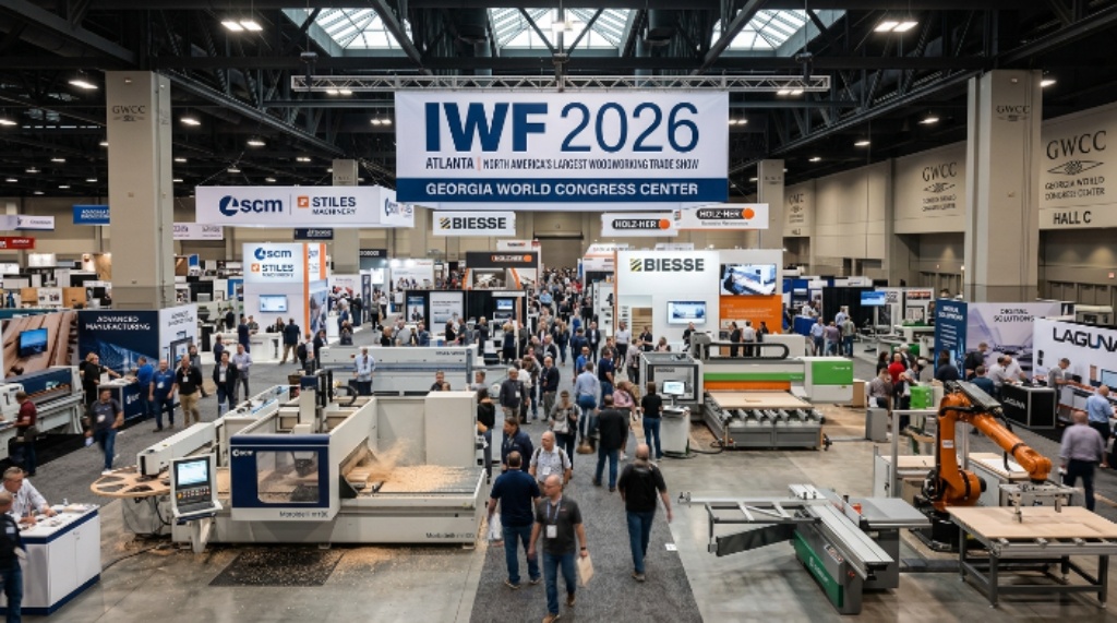 IWF 2026 Atlanta show floor with woodworking machinery at Georgia World Congress Center