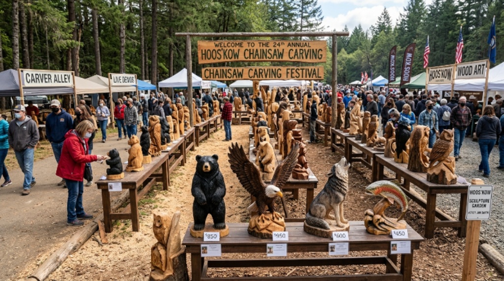 Rows of finished wood sculptures on display at the Hoos'Kow outdoor chainsaw carving festival