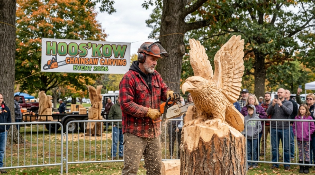 Live chainsaw artist carving a wooden eagle sculpture at the Hoos'Kow Chainsaw Carving Event 2026