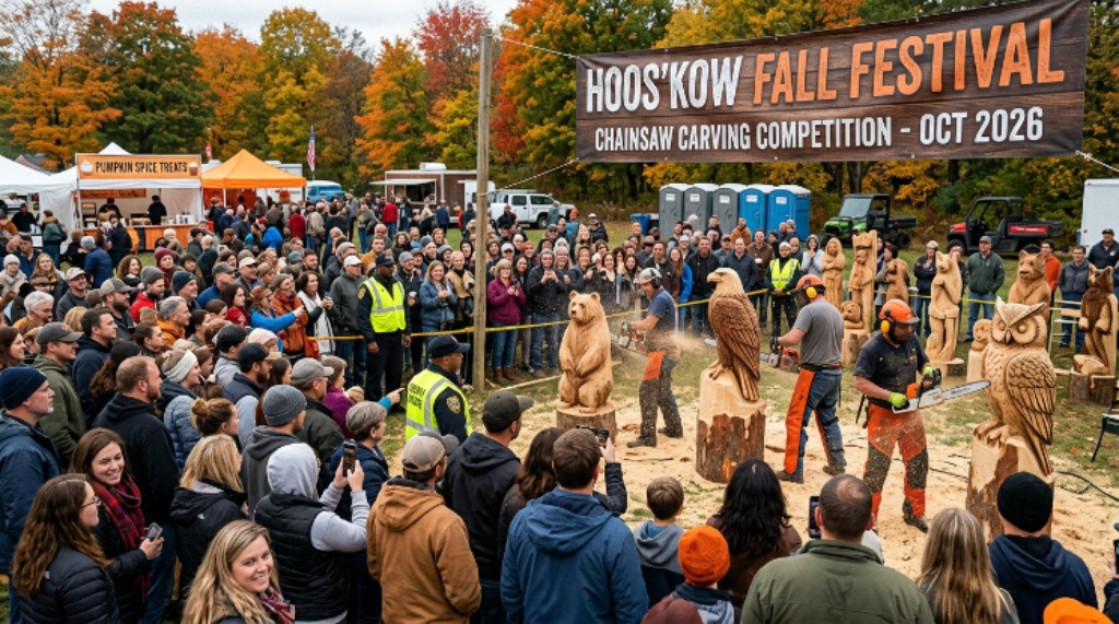 Crowd watching a chainsaw carving competition at the Hoos'Kow fall festival in October 2026