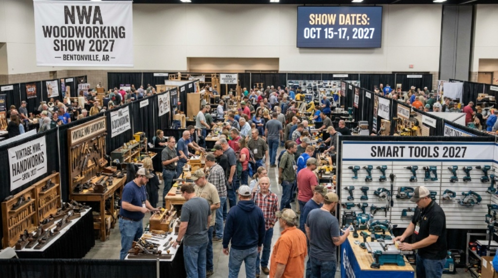 Live woodworking demonstration on stage at the NWA Woodworking Show April 2027