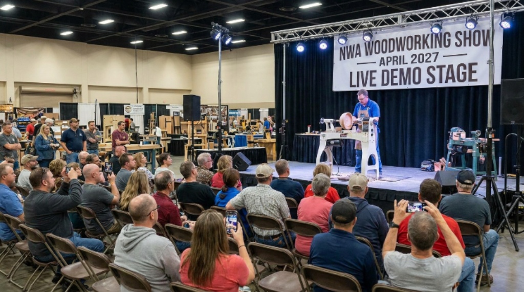 Live woodworking demonstration on stage at the NWA Woodworking Show April 2027
