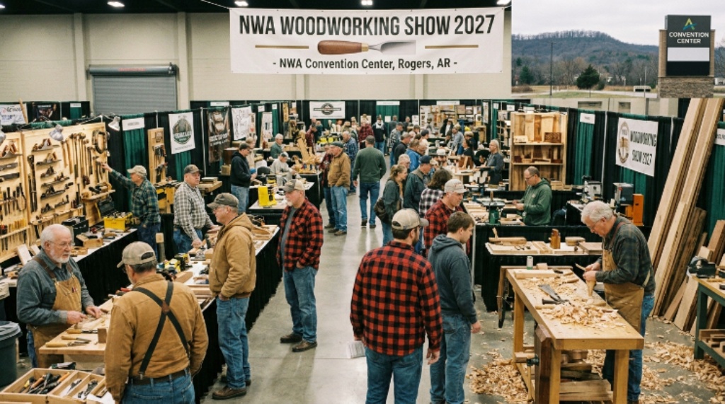 Woodworkers browsing tools and exhibits at the NWA Woodworking Show 2027 in Northwest Arkansas