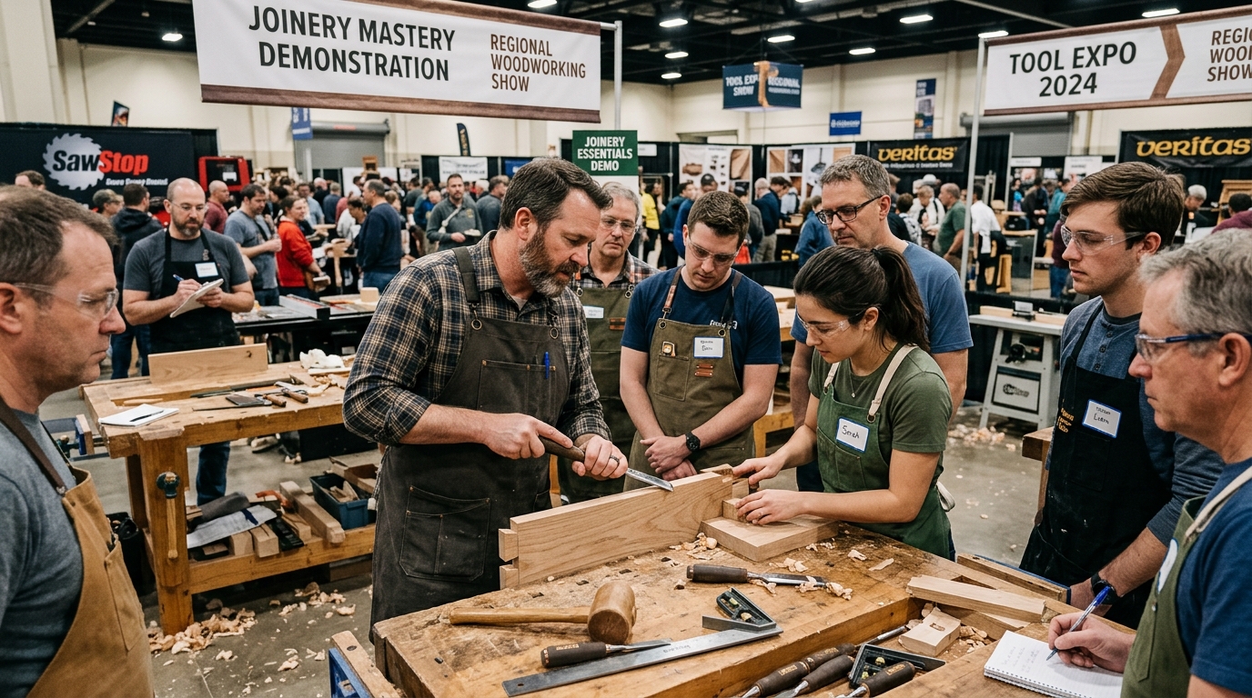 A professional instructor teaching a joinery class to students at a regional woodworking show event