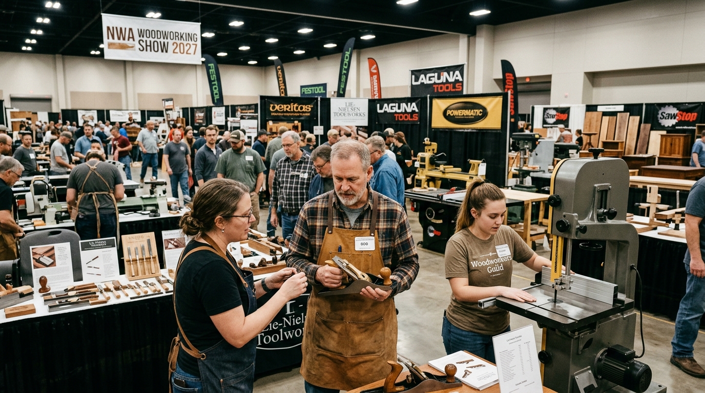 Woodworkers browsing hand tools and power equipment at the NWA Woodworking Show 2027 exhibition floor