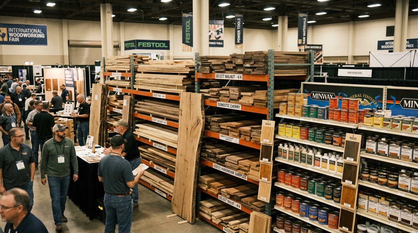 Rows of lumber, hardwoods, and wood finishing products on display at an indoor woodworking trade show